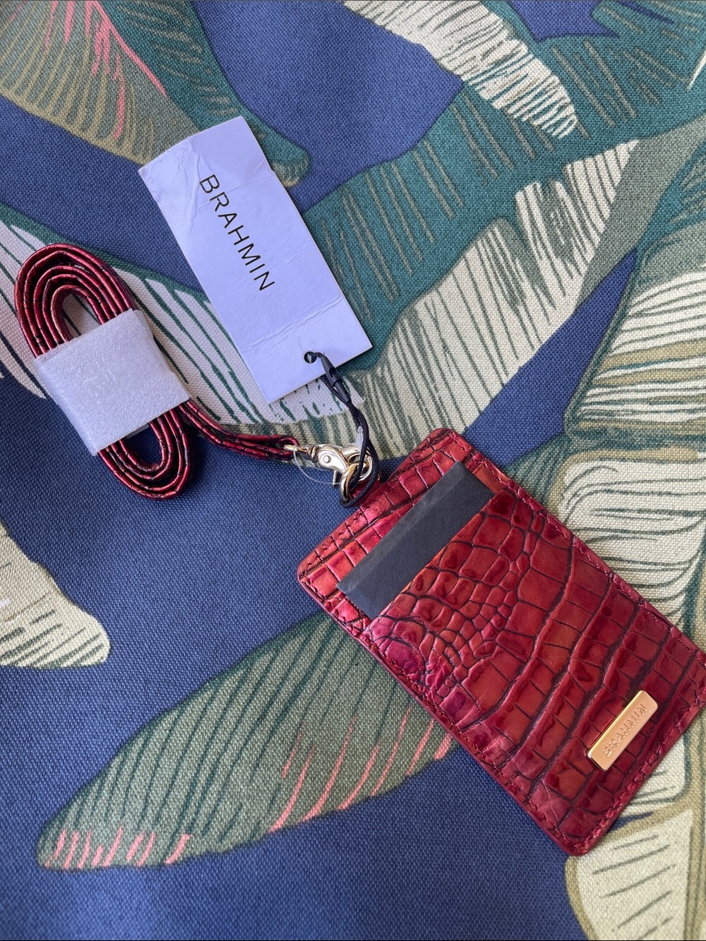 Brahmin Red Croc-Embossed Leather ID Badge Holder with Matching Lanyard - Picture 2 of 6